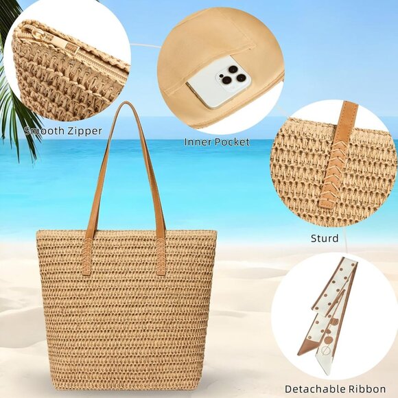 Spacious Woven Straw Beach Tote with Inner Pocket, Perfect for Summer Outings - Picture 3 of 9